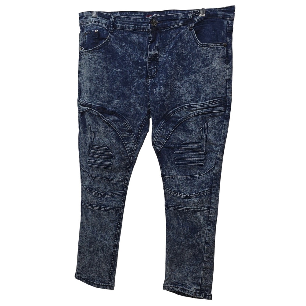 Phat Farm Mens Acid Wash Moto Biker Jeans Blue Stretch 40W x 30L Quilted Panel